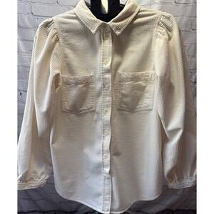 American Eagle Cream White Corduroy Button Up Shirt Balloon Ruffled Sleeves MED